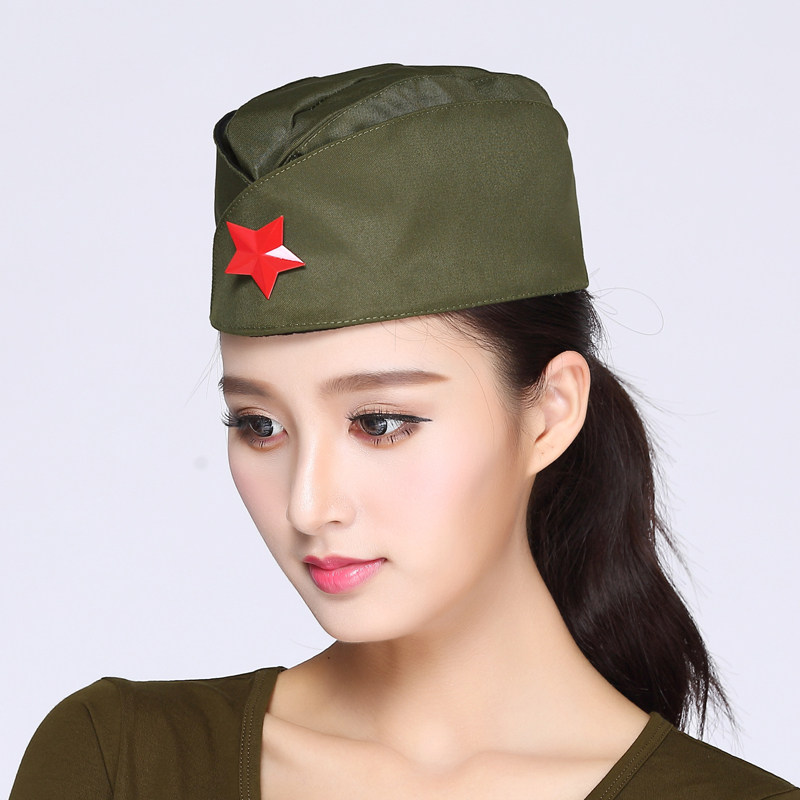 新款水兵舞迷彩帽子军绿色船帽五角星广场舞演出帽贝雷帽男女通用