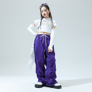 女生小孩中小学生街舞舞蹈服爵士舞jazz练功服hiphop露脐工装裤子