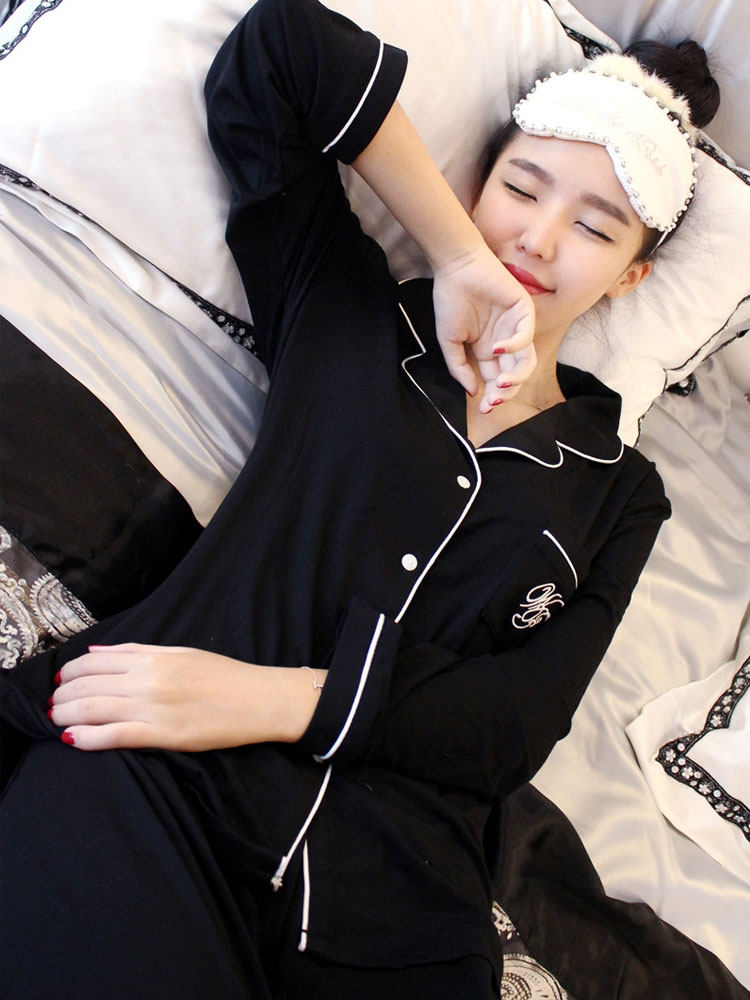 纯棉睡衣女春秋长袖全棉黑色大码套装韩版薄款家居服可外穿秋冬