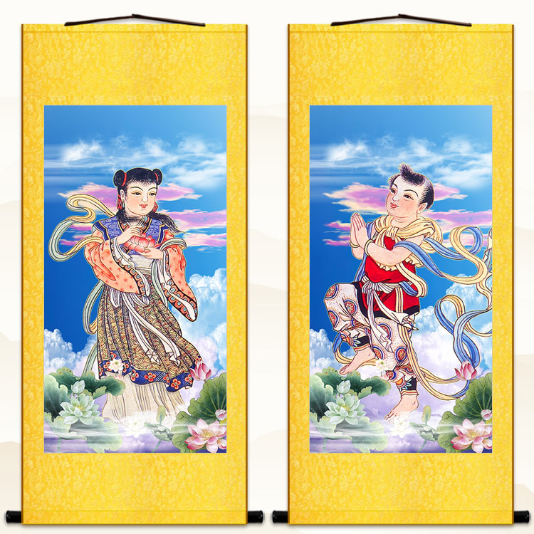 龙女画像善财童子神像画观音菩萨胁侍佛堂卷轴挂画装饰画定制