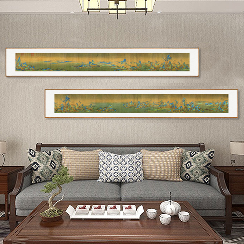 国画山水画千里江山图客厅挂画沙发背景墙装饰画办公茶室窄横壁画