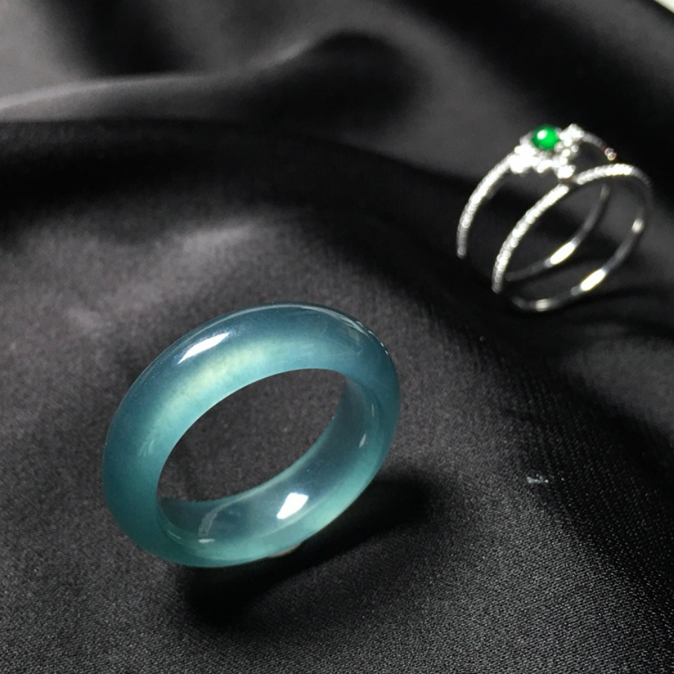 天然翡翠冰种蓝水小圈口戒圈玉指环扳指戒指18k金戒托925银镶定制