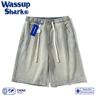 Wassup Shark美式复古水洗做旧黄泥牛仔短裤夏季男士宽松五分裤女