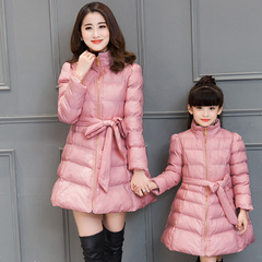 母女装2016新款冬装韩版时尚潮款粉色蝴蝶结中长款棉衣外套亲子装