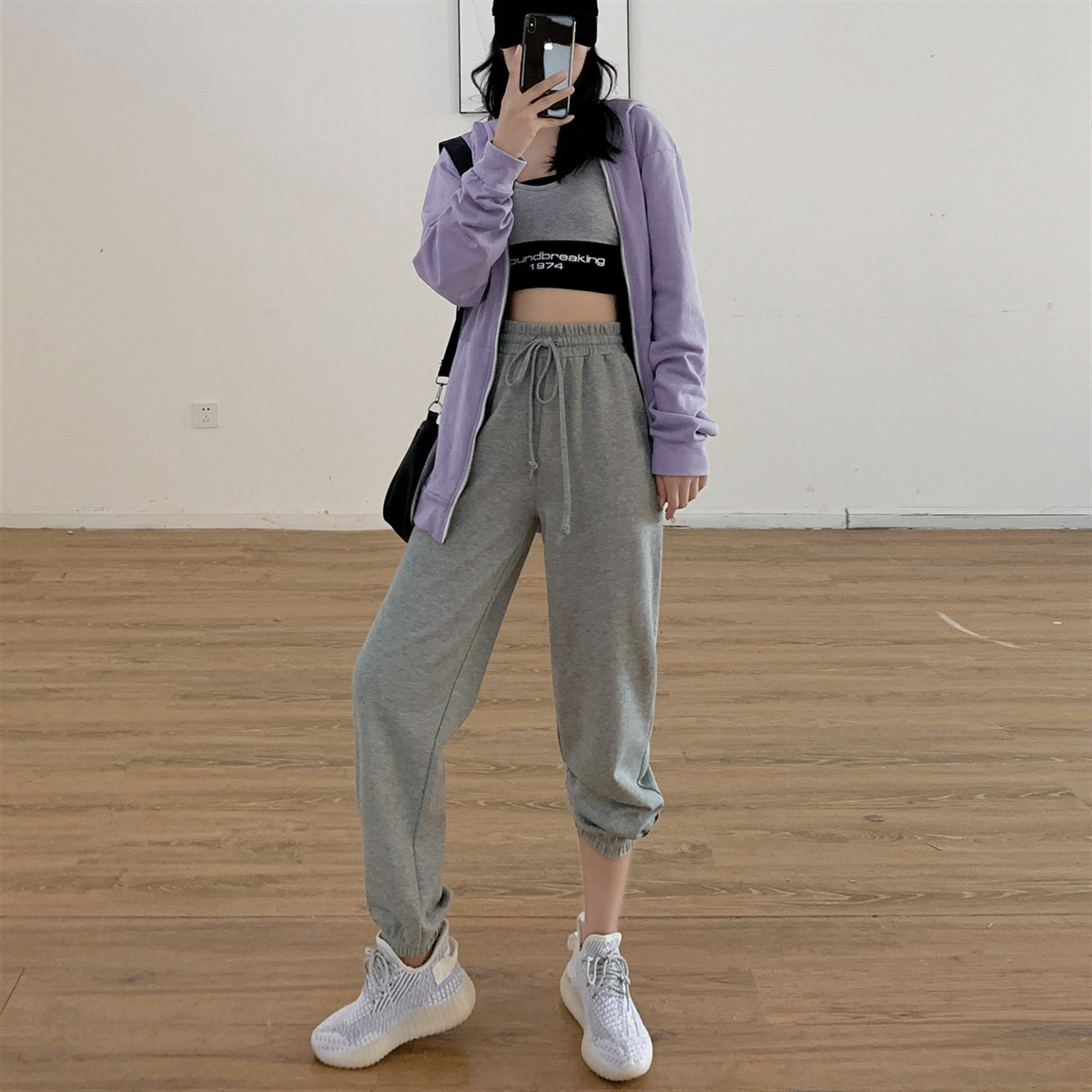 灰色运动裤女宽松束脚加绒秋冬季2021新款高腰显瘦卫裤休闲哈伦裤