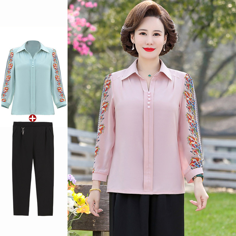 妈妈装春夏长袖上衣2022新款中年女雪纺衬衣中老年女夏装t恤洋气