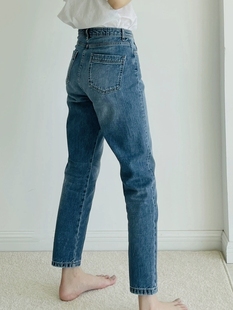 显腿直的法棍裤牛仔裤美式复古蓝小直筒九分显瘦高腰小锥形牛仔裤