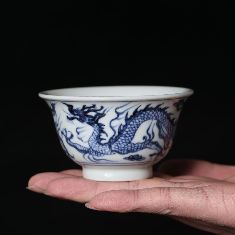 景德镇燕栖堂手工手绘仿元青花双龙纹回首龙纹青花主人杯茶杯
