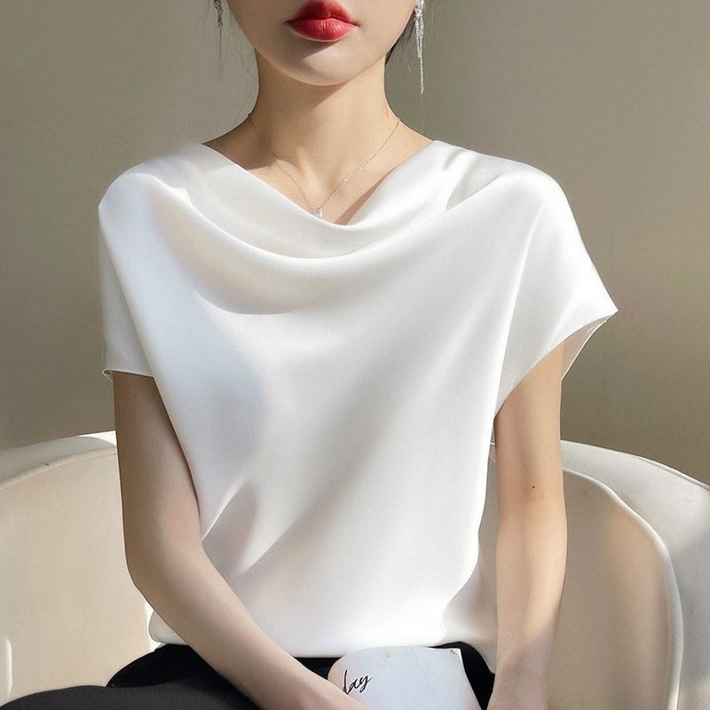 丝绸真丝2023夏季新款女法式领短款气质缎面T恤简约百搭短袖上衣
