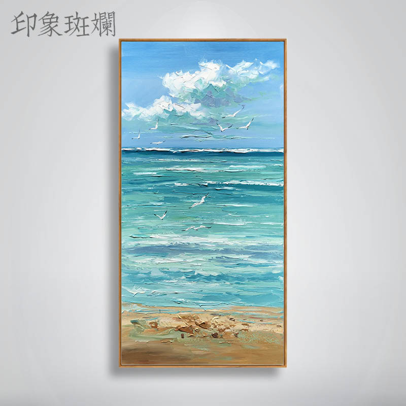 原创手绘油画夏日海边现代简约北欧大海风景竖版玄关装饰画挂画