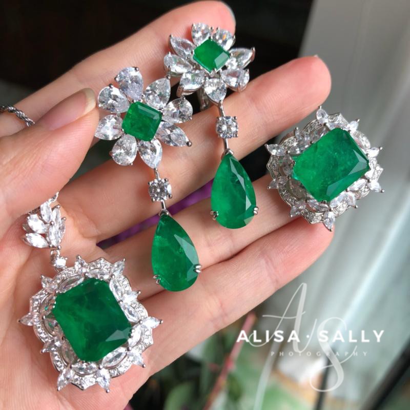 【ALISA珠宝】时尚奢华s925银镀金天然仿祖母绿戒指/耳环/项链