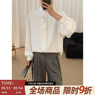 阿茶与阿古白色刺绣盘扣衬衫男高级感春季国风设计感休闲长袖衬衣