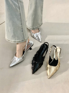 法式银色小猫跟高跟鞋凉鞋女鞋子2024新款夏季气质配裙子尖头单鞋