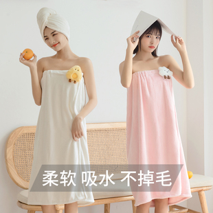 浴巾女夏季可穿可裹巾比纯棉吸水速干珊瑚绒干发帽两件套家用浴裙