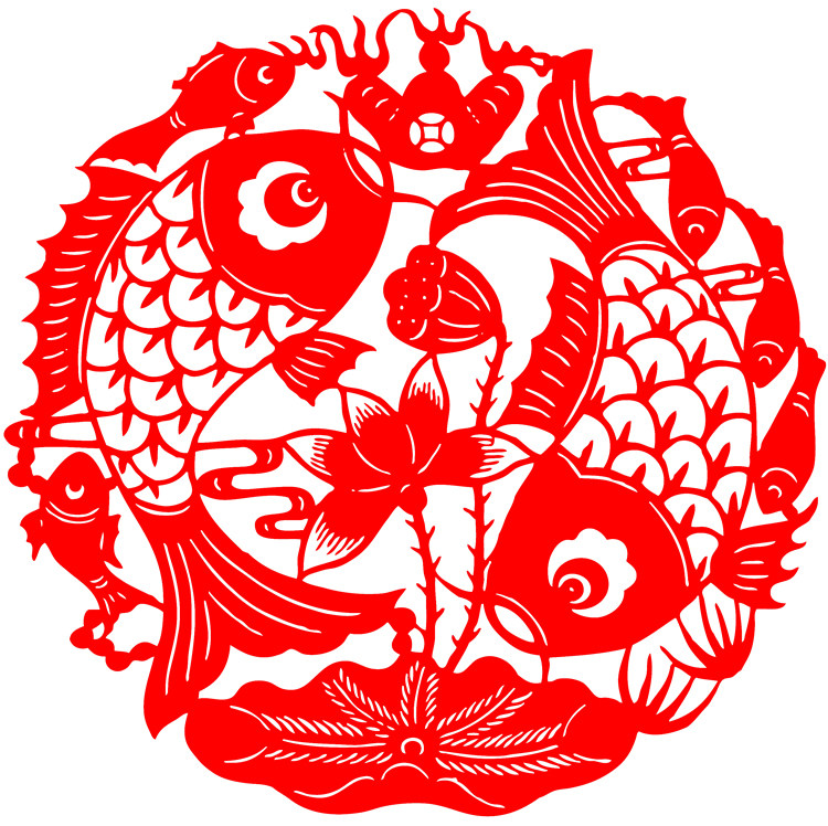 yc79鲤鱼荷花元宝剪纸纸质卡通动物传统立体喜字