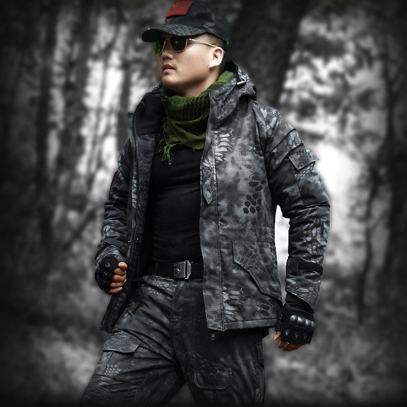 冬季加绒加厚军迷黑色蟒纹迷彩服男套装军装耐磨冲锋衣野战作战服