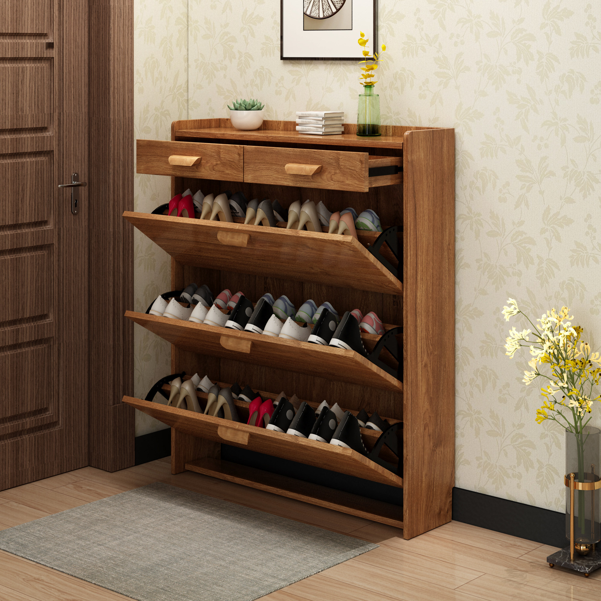 一折翻斗鞋柜 实木