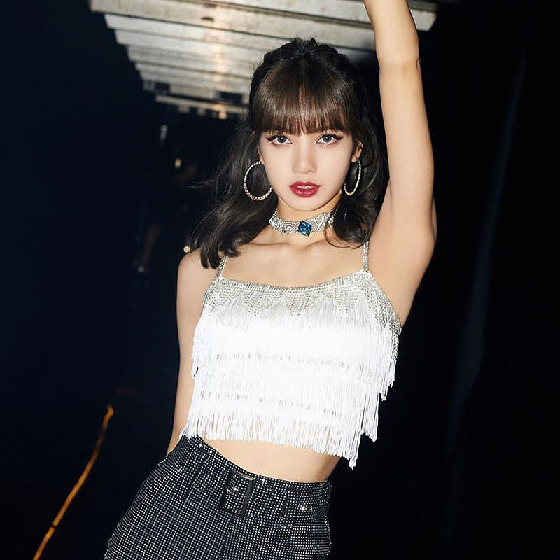 热销舞蹈背心女 上衣 露脐_lisa同款白色吊带女外穿露脐背心流苏舞蹈