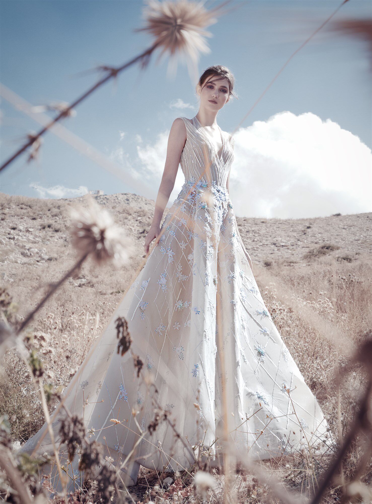 rami kadi 香槟色v领手工小花朵优雅甜美生日聚会主持演出晚礼服