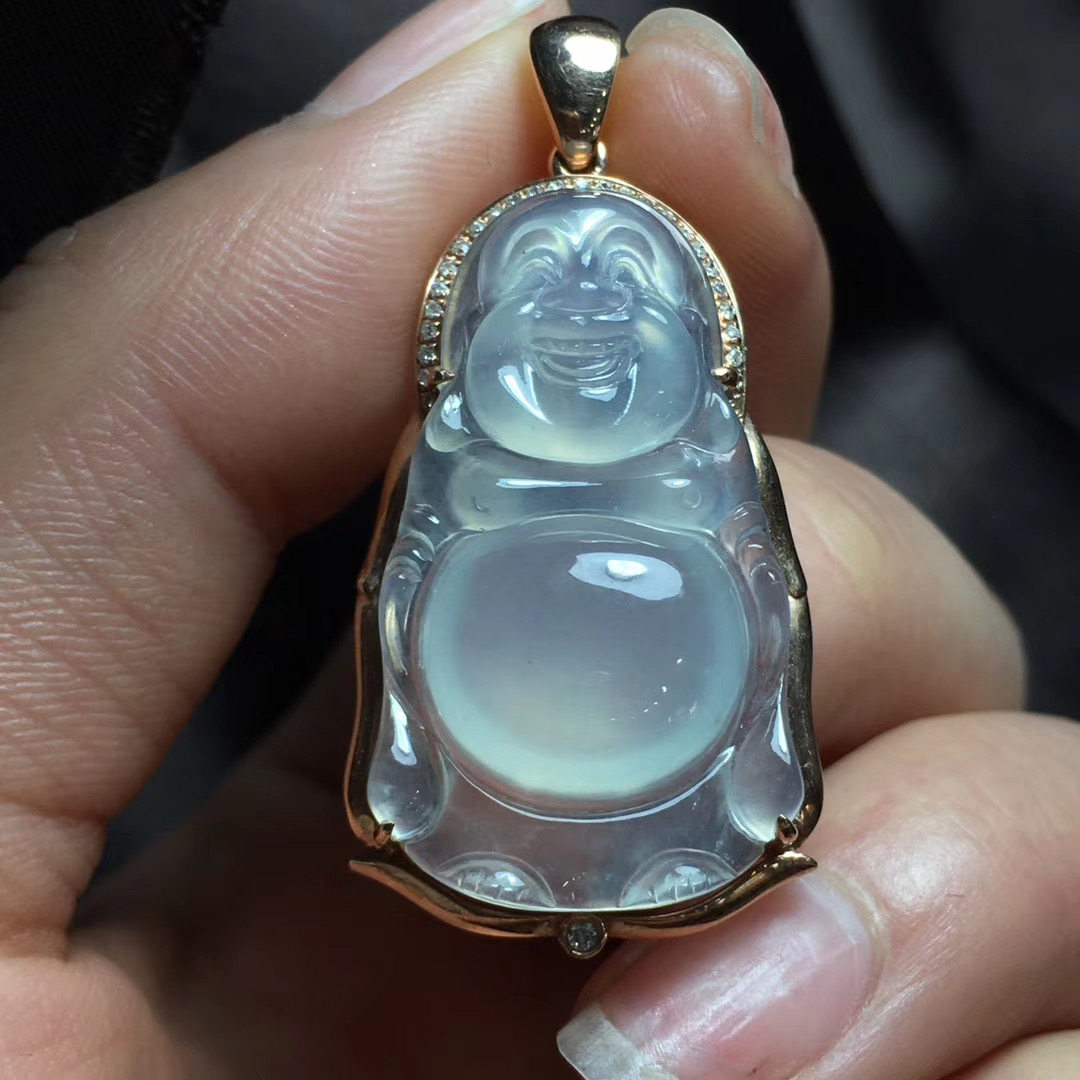 特价渡金_hy818玉渡缘翡翠缅甸a货冰种起荧光站佛弥勒佛吊坠18k金镶嵌