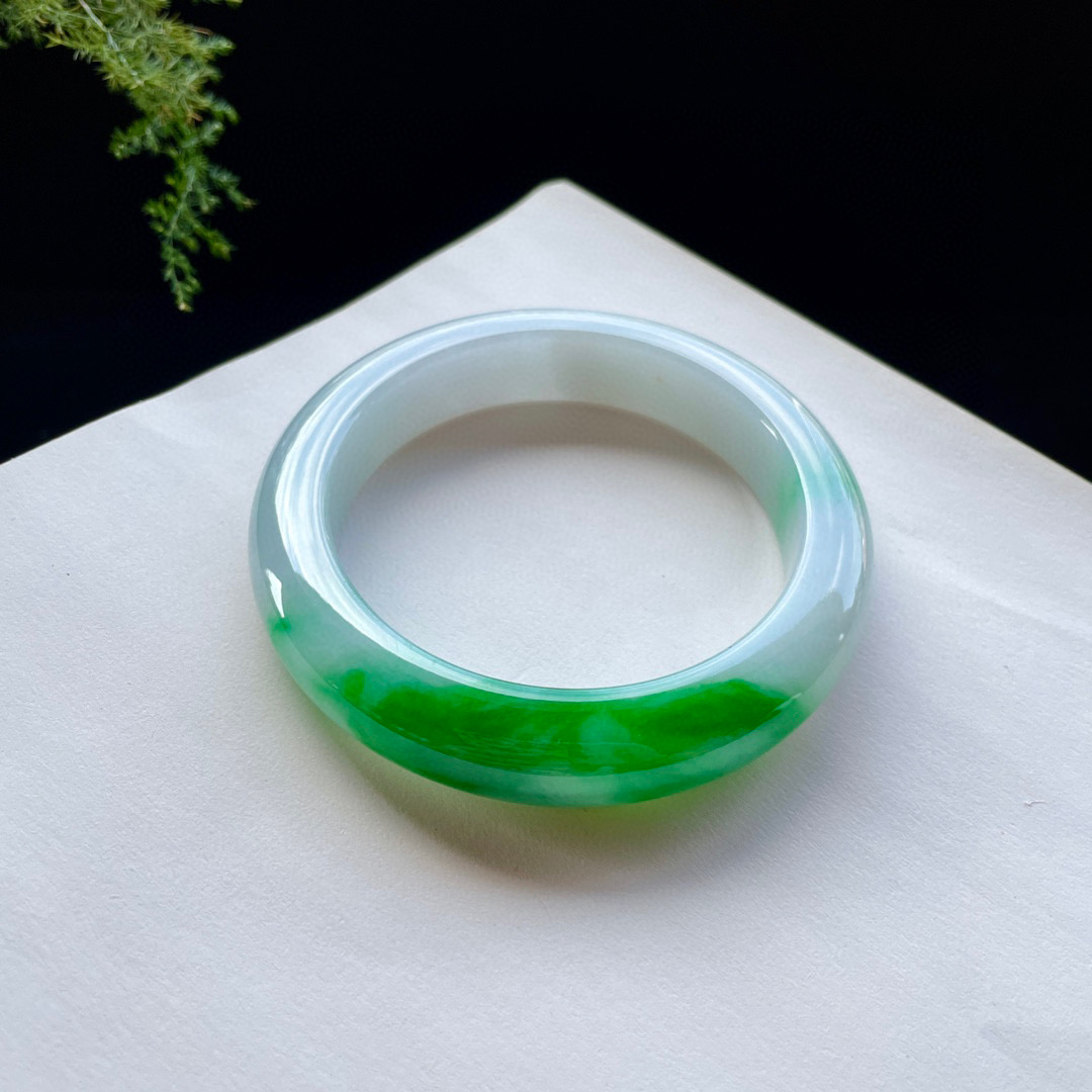 dy39正圈63玉渡缘2022新品首饰a货翡翠白底青飘阳绿手镯证书0907