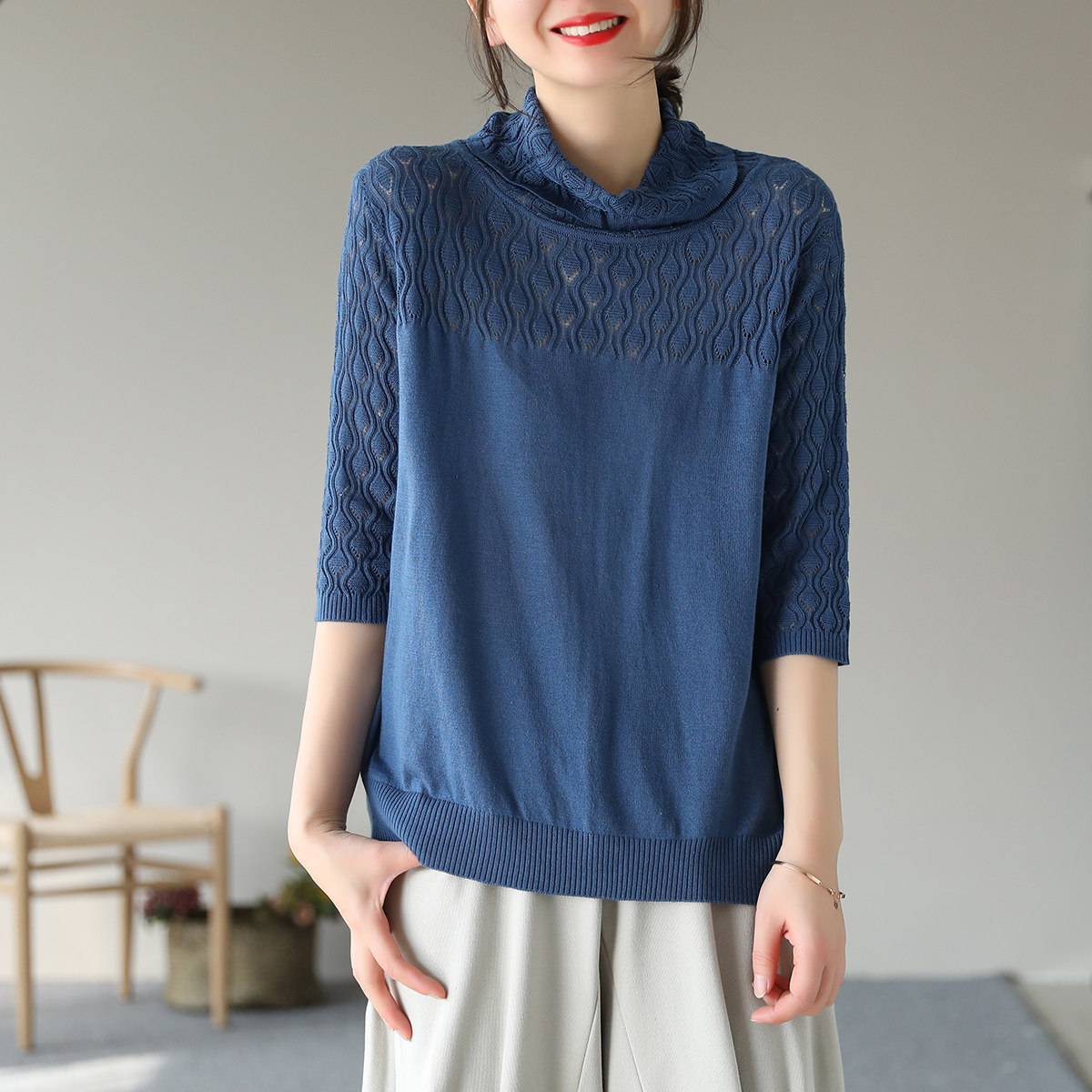 代勒2021春季新款纯色钩花棉线毛针织衫女复古宽松堆堆领套头上衣