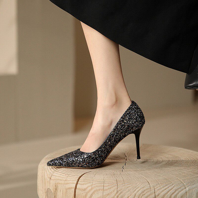 一代佳人女鞋2022春季新款水晶鞋尖头高跟鞋女细跟单鞋婚鞋伴娘鞋