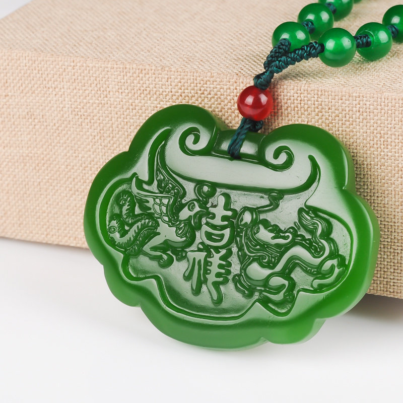 和田玉碧玉长命锁吊坠 龙凤吉祥宝宝锁挂件 男女情侣款许愿锁玉牌_不