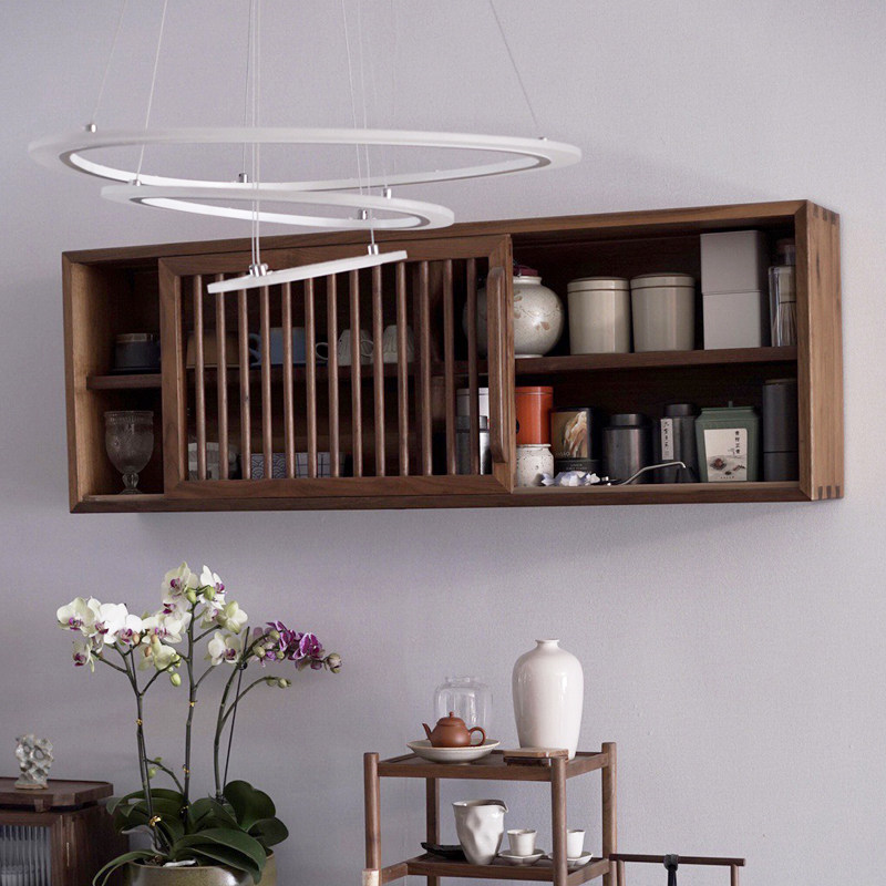 九间房实木墙柜吊柜新中式家具禅意简约壁柜老榆木挂柜中式茶格柜