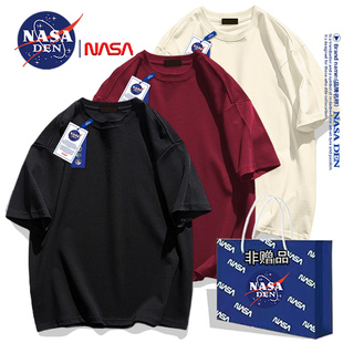 NASA联名夏季纯棉短袖t恤男女款美式重磅纯色百搭情侣五分袖上衣