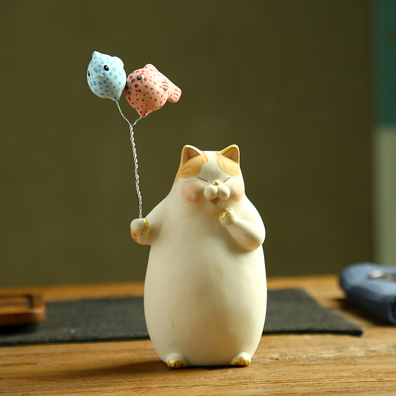 日式手作治愈可爱呆萌气球猫咪周边居家客厅桌面陶瓷装饰品小摆件
