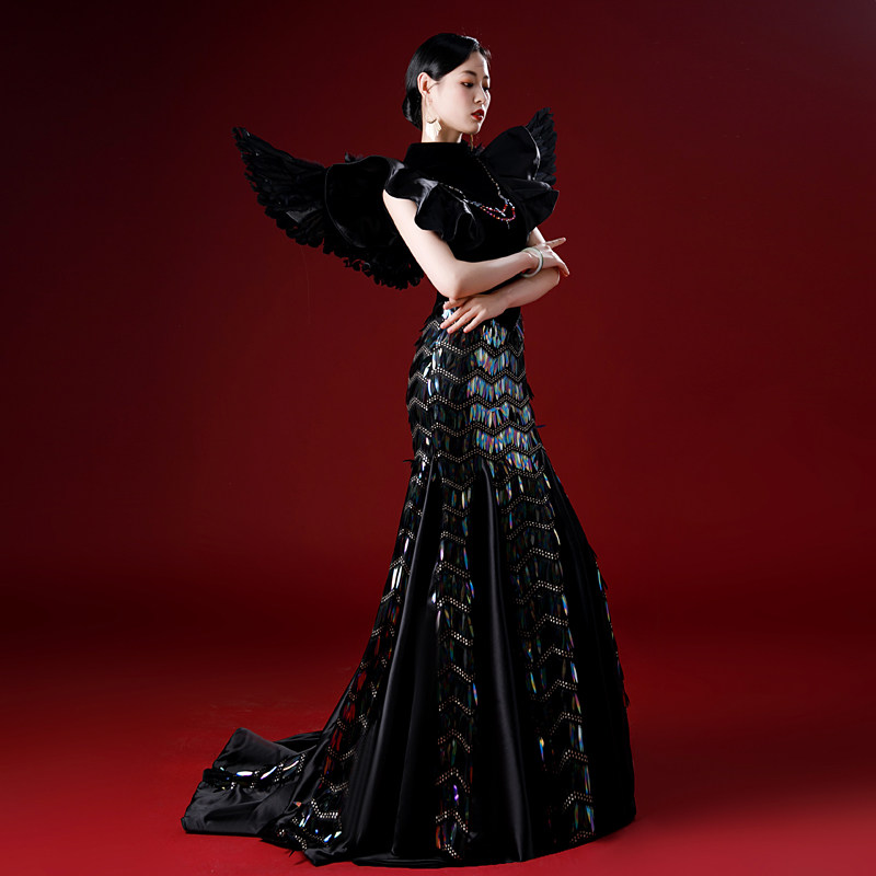 黑色亮片晚礼服模特走秀霸气丝绒舞台演出服鱼尾主持人气质黑天鹅