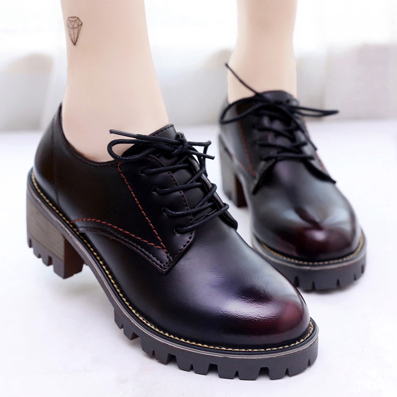 韓版復古加絨小皮鞋女2017秋鼕新款粗跟休閑鞋百搭學生保暖女鞋子