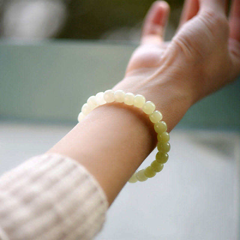 青幽天然和田玉手链青海料薄荷绿渐变老型珠扁珠玉手串附证书特