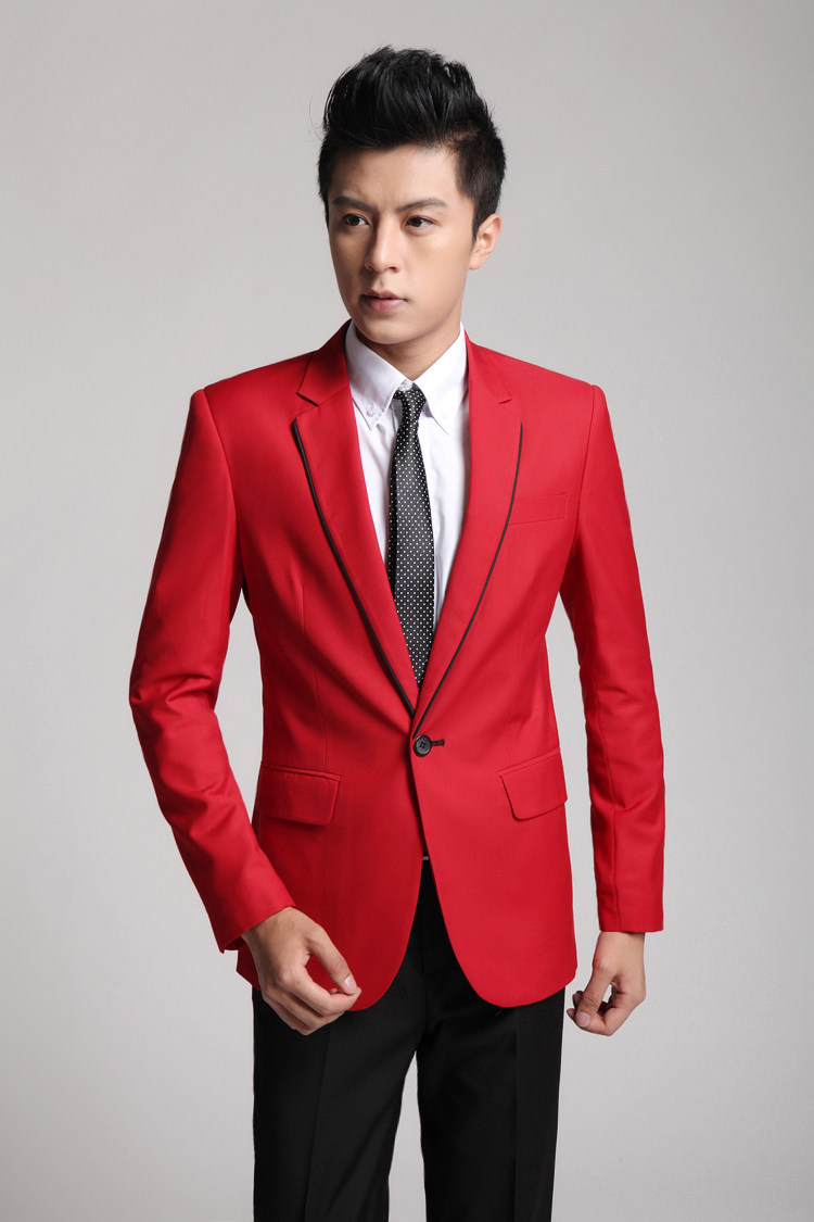 热销西服套装男红色修身