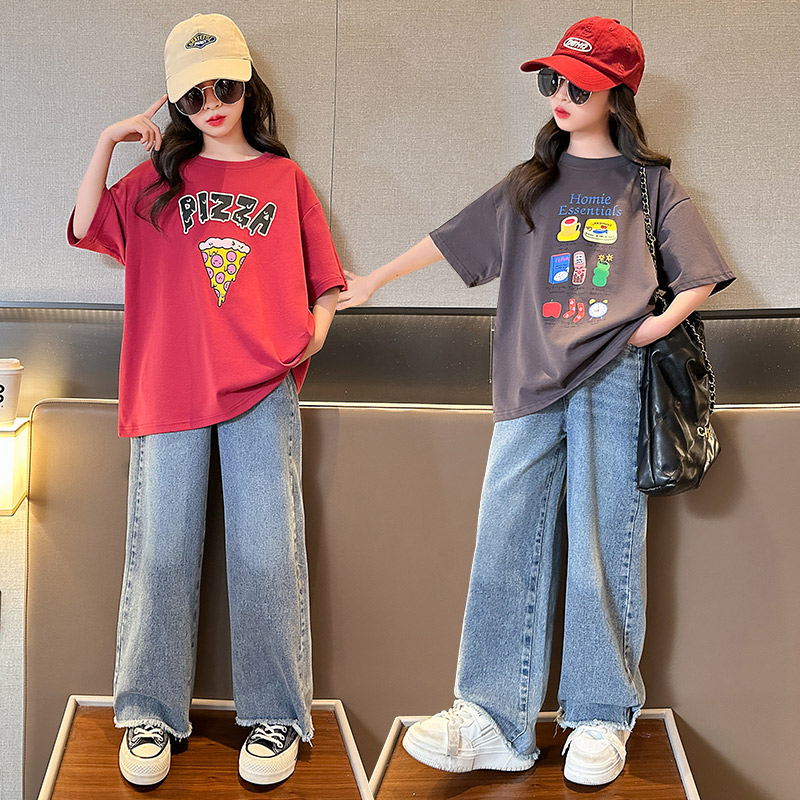 女童夏季两件套韩版2024新款洋气潮女大童儿童休闲时髦牛仔裤套装