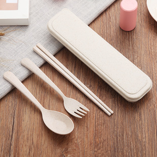 小麦秸秆餐具筷子勺子叉子儿童学生便捷北欧风食品级餐具三件套