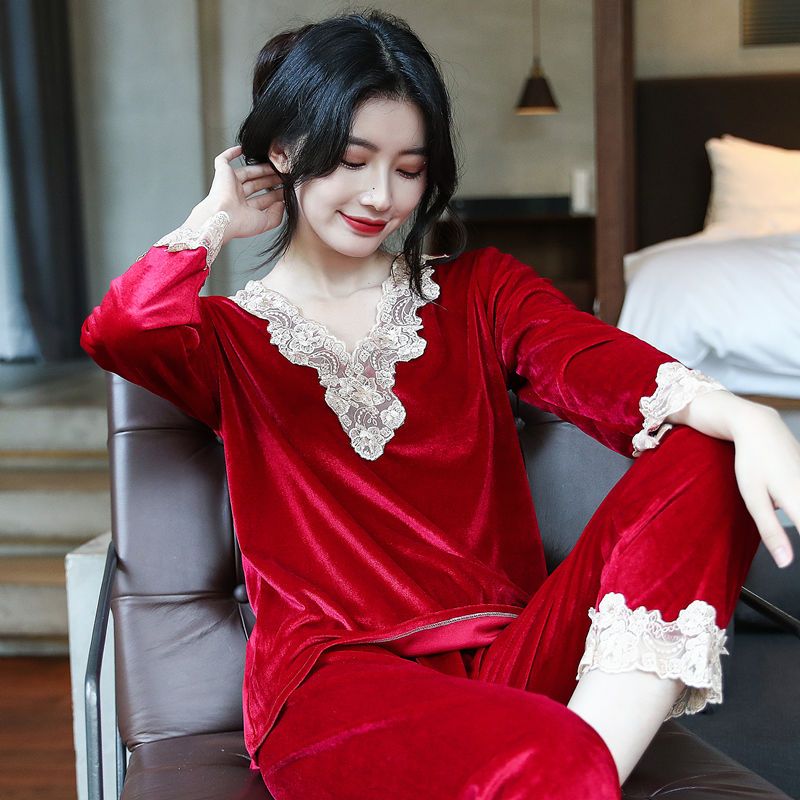睡衣女士春秋款长袖秋冬季金丝绒韩版可外穿家居服加大码红色套装