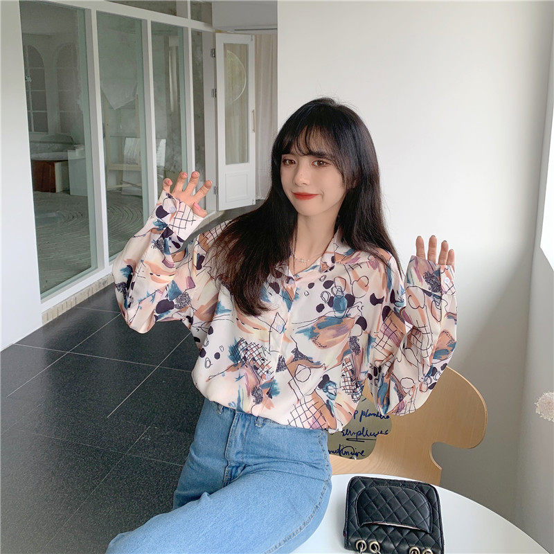 现货设计感小众港味复古印花上衣春季宽松外穿长袖衬衫,女装衬衫,mike