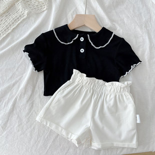 夏款女童短袖t恤娃娃领黑色薄款宝宝半袖上衣婴儿小童打底衫韩版
