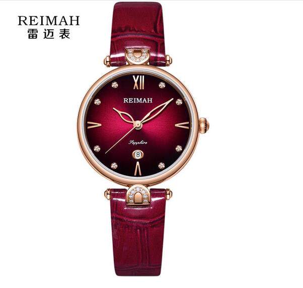 新款雷迈表石英超薄玫瑰金镶钻女表6163皮带时尚时装表女生ins