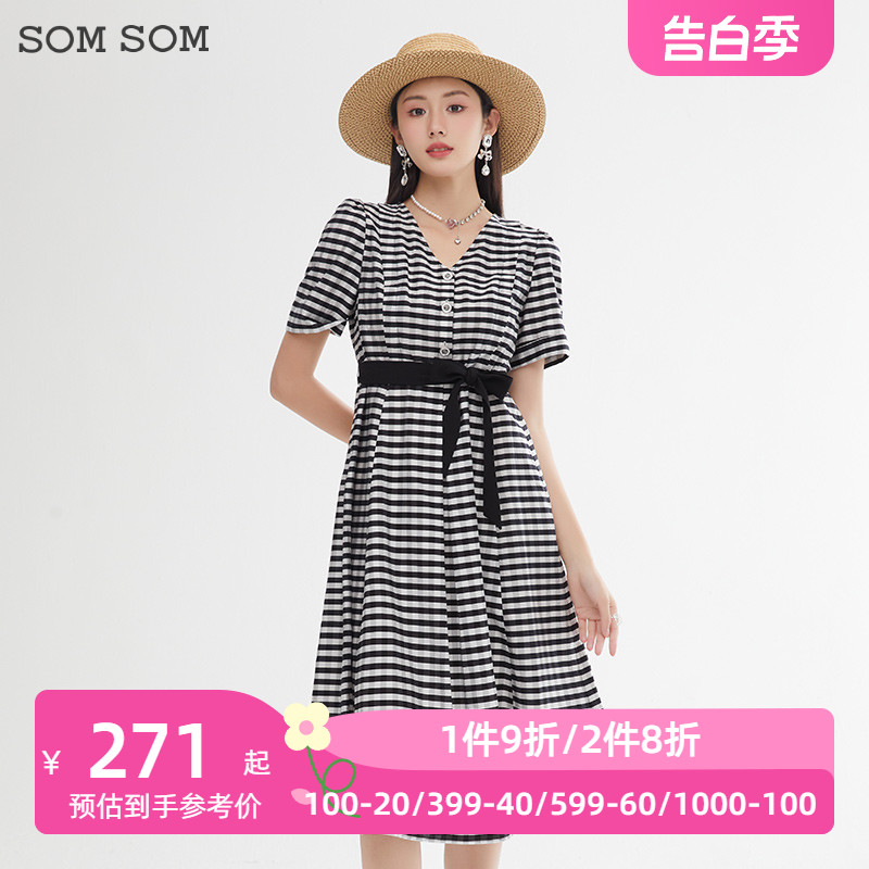 SOMSOM/索玛夏季法式复古时尚V领格子高级感气质洋气短袖连衣裙女