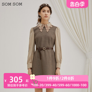 SOMSOM/索玛2022冬季新款格子拼接假两件裙收腰长袖连衣裙女14189