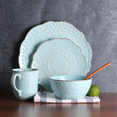 创意陶瓷餐具个性复古蓝色欧式浮雕做旧西餐套装餐具大盘小盘碗杯