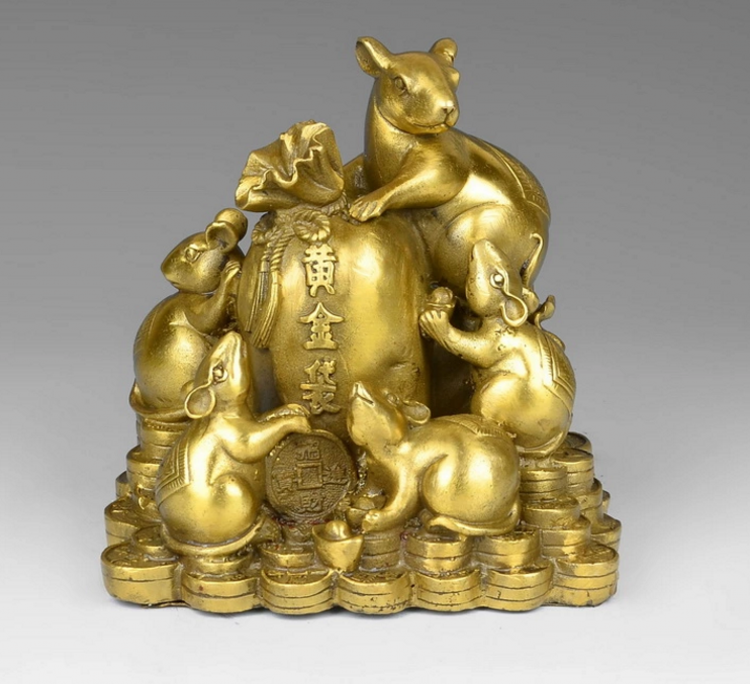 铜老鼠摆件五鼠运财黄金袋鼠招财聚财家居办公室客厅风水摆设