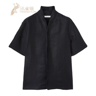 Loro Piana/诺悠翩雅男装丝绸亚麻混纺黑色短袖宽松休闲衬衫