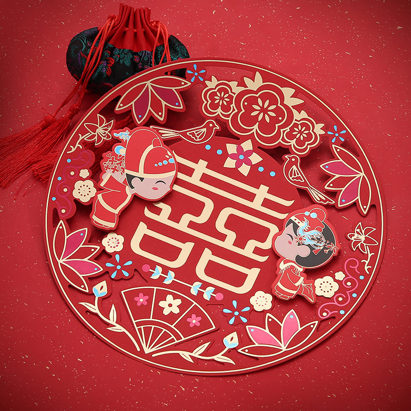 包邮 结婚用品大门喜字金边卡纸墙贴窗花婚庆装饰婚房门贴喜庆布置囍