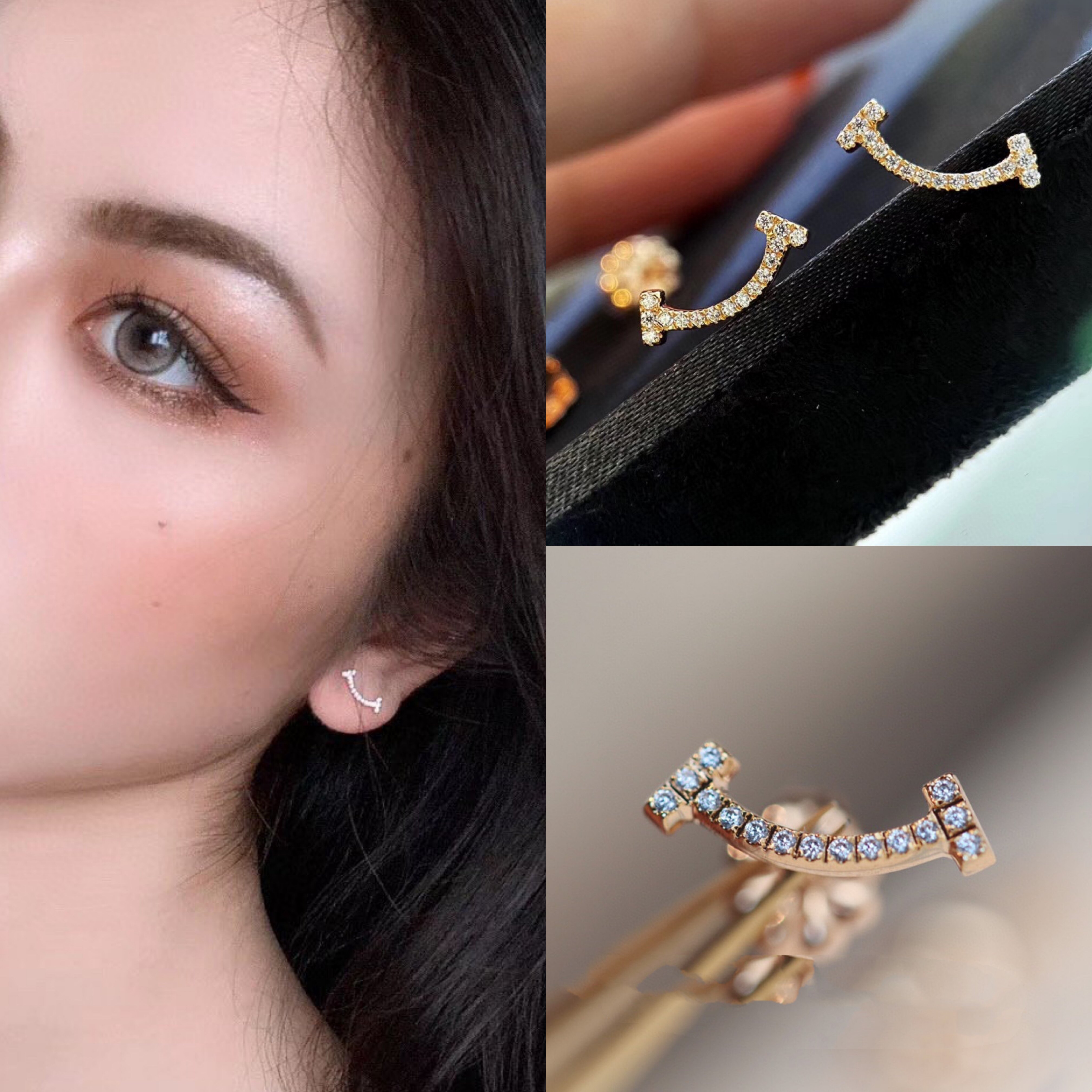 笑脸耳钉女t家提夫尼925纯银18k玫瑰金蒂芬尼同款双c微笑耳环耳饰