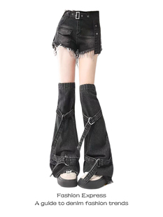 美式y2k黑色工装牛仔短裤女夏季辣妹高腰腿套两件套亚文化穿搭
