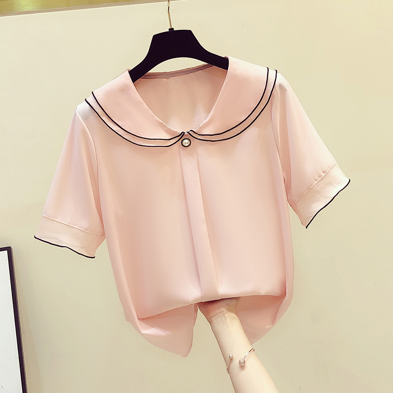荷叶边雪纺衫洋气遮肚小衫短袖娃娃领上衣女夏宽松时尚喇叭袖衬衫